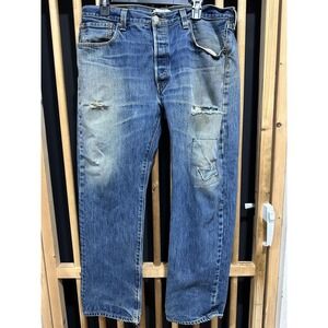 Levis 501 Jeans 36x30 Blue Distressed Straight Leg Button Fly Denim Pants STAINS